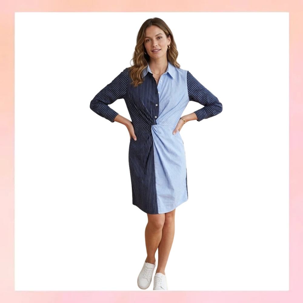 Gibson Latimer Colorblock Striped Twist Front Shirt Dress - NWT - Size S